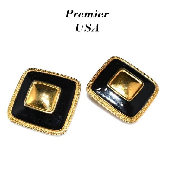 Vintage Premier USA Large Black Enamel Gold Tone Clip Earrings, 1 1/2 Inches - Picture 1 of 10